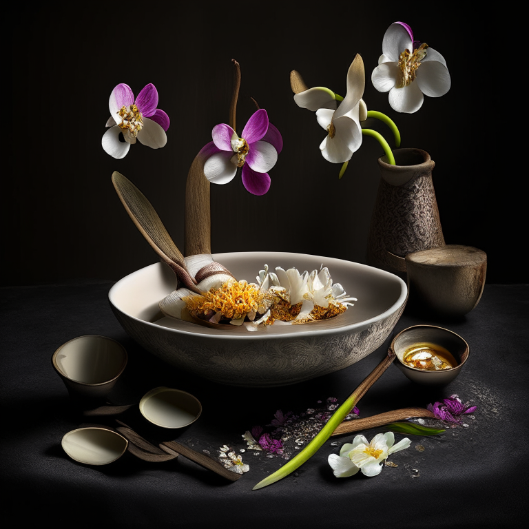 Tub Tim Grob served on plate with Thai utensils, orchids, studio lighting, full focus