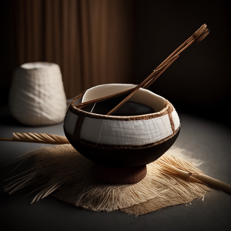 Tub Tim Grob in coconut shell with chopsticks, Thai cloth, natural lighting, razor sharp focus