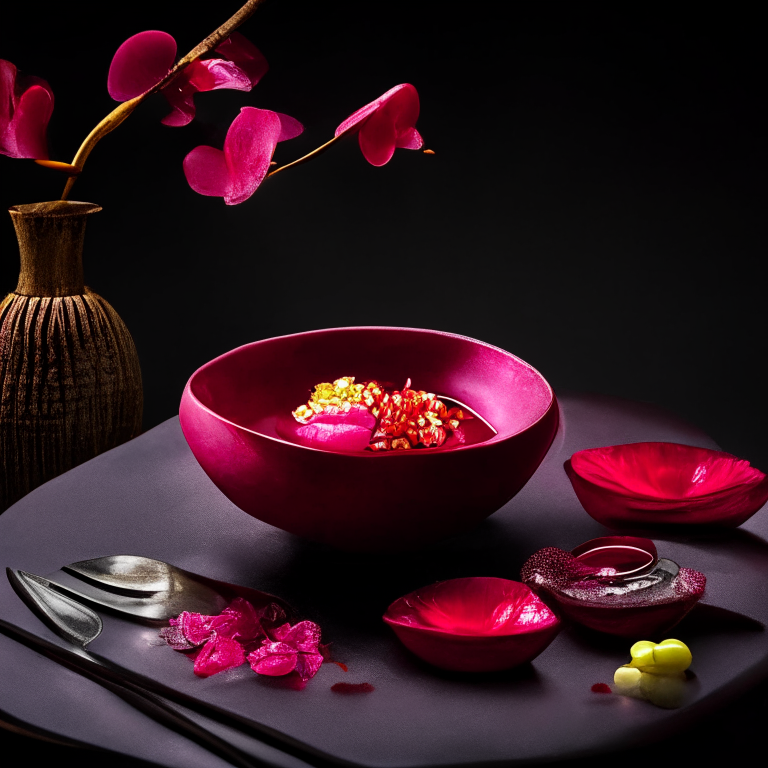 Red Ruby Water Chestnut Dessert served in a decorative bowl with Thai utensils, on a Thai style table with orchids, bright studio lighting