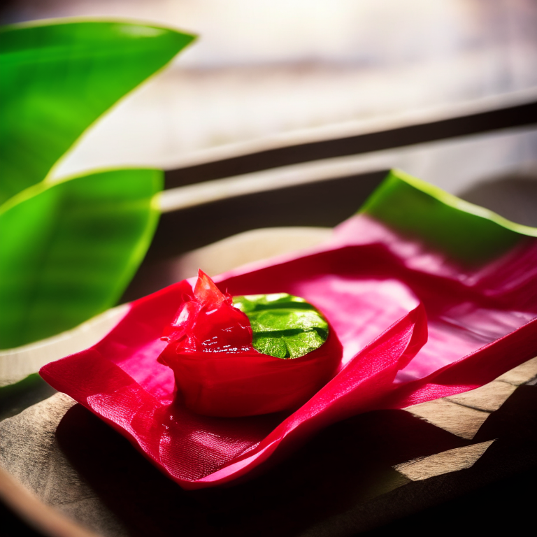 Red Ruby Water Chestnut Dessert served on a banana leaf with a Thai spoon, Thai napkins, natural lighting from a window