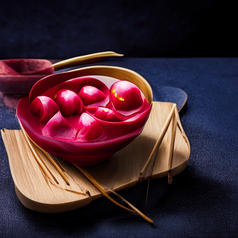 Red Ruby Water Chestnut Dessert in a coconut shell bowl with chopsticks, on a table with Thai cloth, bright studio lighting