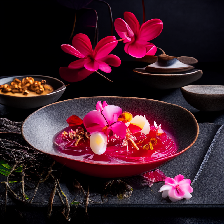 Red Ruby Water Chestnut Dessert served in a decorative bowl with Thai utensils, on a Thai style table with orchids, bright studio lighting