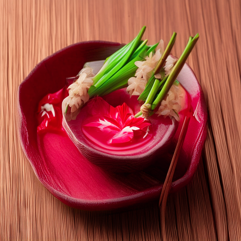 Red Ruby Water Chestnut Dessert served in a bowl made from woven bamboo, with chopsticks, on a table with a Thai style floral arrangement