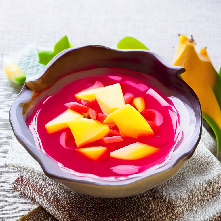 Red Ruby Water Chestnut Dessert served in a decorative Thai bowl with mango slices, on a table with Thai cloth
