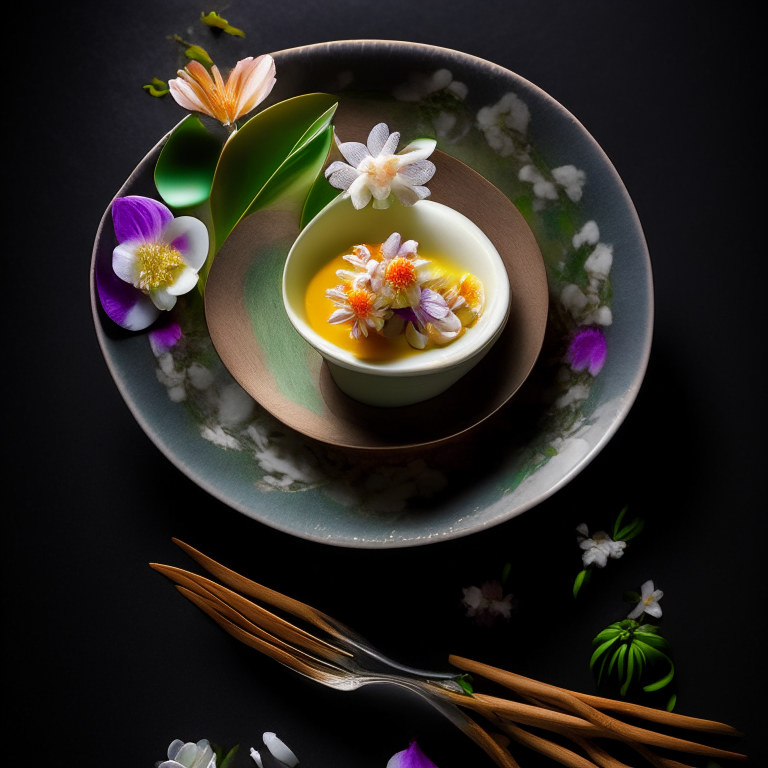 Khanom Chan served on a decorative Thai plate with a Thai spoon, on a table with a Thai floral arrangement, bright studio lighting, razor sharp focus