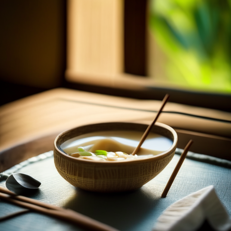 Khanom Chan served in a bowl made from woven bamboo with chopsticks, on a table with Thai cloth, natural lighting from a window, full focus