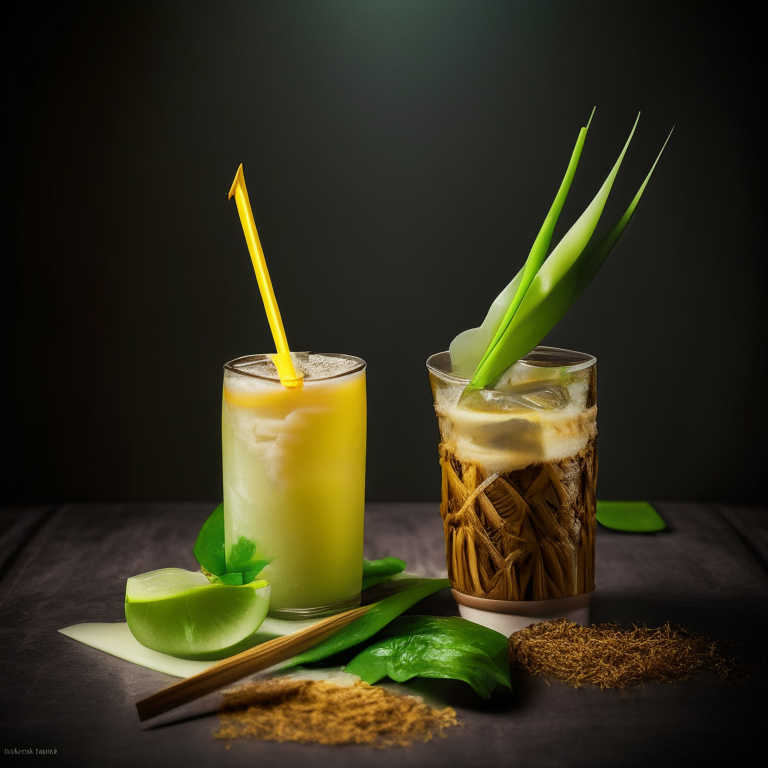 Khanom Chan served on a banana leaf with a Thai fork, next to a Thai iced tea with a straw, bright studio lighting, razor sharp focus