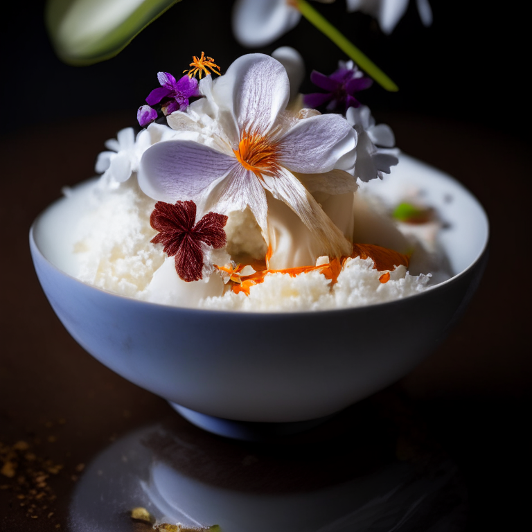 A layered coconut dessert in a white bowl decorated with Thai flowers, presented in a high end Thai restaurant with bright studio lighting and razor sharp focus on the dessert