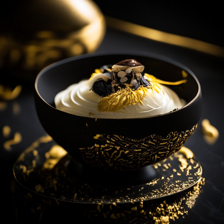 A layered coconut dessert in a black bowl with gold Thai pattern, presented in a luxurious Thai restaurant setting with extremely sharp focus and bright lighting on the dessert
