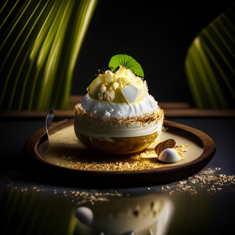 A layered coconut dessert artfully arranged on a banana leaf with Thai spoons, photographed in a high end Thai restaurant with crystal clear focus and bright softbox lighting on the dessert