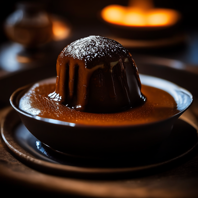 Thai Sticky Toffee Pudding artfully arranged in a black bowl, photographed in a high end Thai restaurant with extremely sharp focus and bright lighting on the dessert