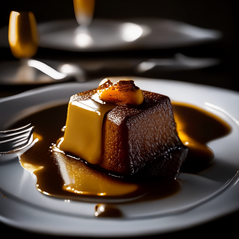 Thai Sticky Toffee Pudding presented on a white plate with gold utensils, photographed in a luxurious Thai restaurant with razor sharp focus and bright softbox lighting on the dessert