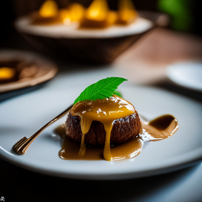 Thai Sticky Toffee Pudding served on a banana leaf with Thai spoons, photographed in a high end Thai restaurant with crystal clear focus and natural window lighting on the dessert