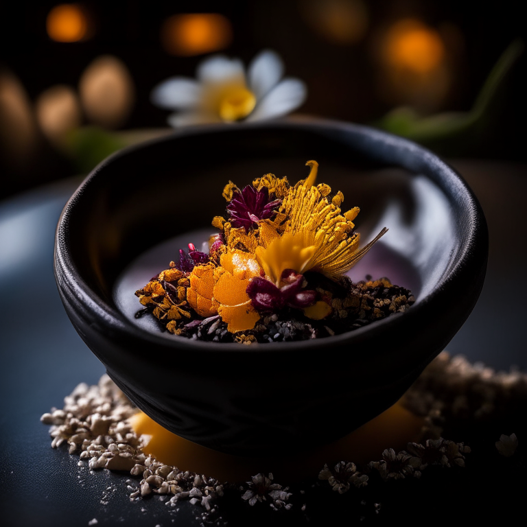 Khao Niao Sangkhaya in a black bowl with Thai flower decoration, photographed in a high end Thai restaurant with extremely sharp focus and bright lighting on the dessert