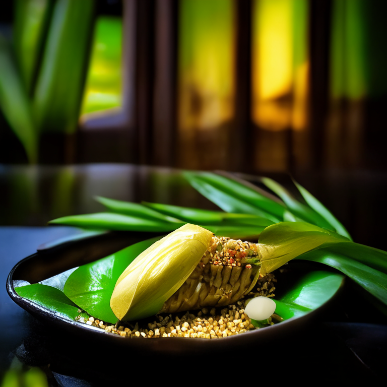 Khao Niao Sangkhaya artfully presented on a banana leaf with Thai utensils, photographed in a high end Thai restaurant with crystal clear focus and natural window lighting on the dessert