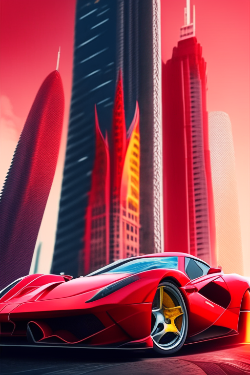 Ferrari car in red colour , tall skyscraper in the background, bright colors, 8k, minimise blur