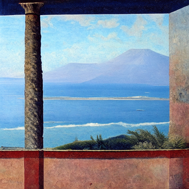 vulcano vesuvius smoking over the gulf of neapoles
seen from porch of ancient roman house , walls with pompeian frescoes, detailed