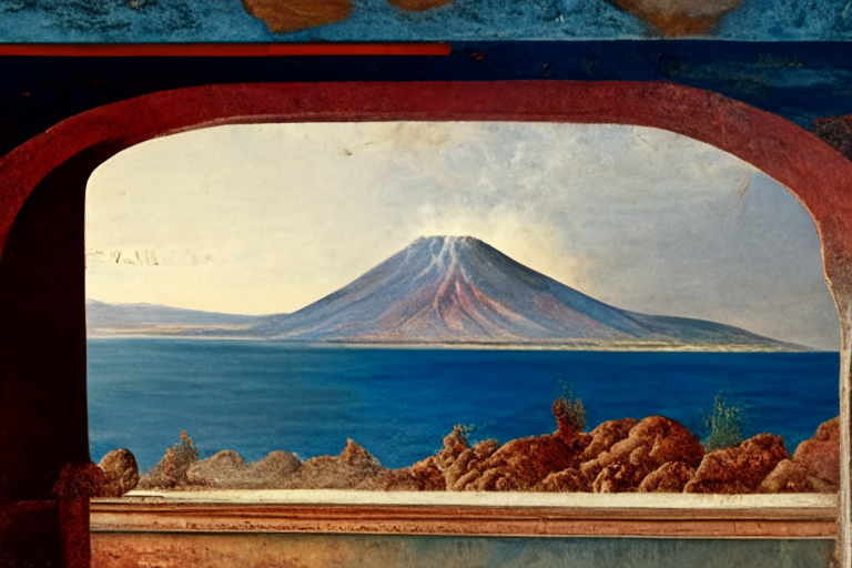 vulcano vesuvius erupting over the gulf of neaples seen from porch of ancient roman house painted with pompeian frescoes, very detailed