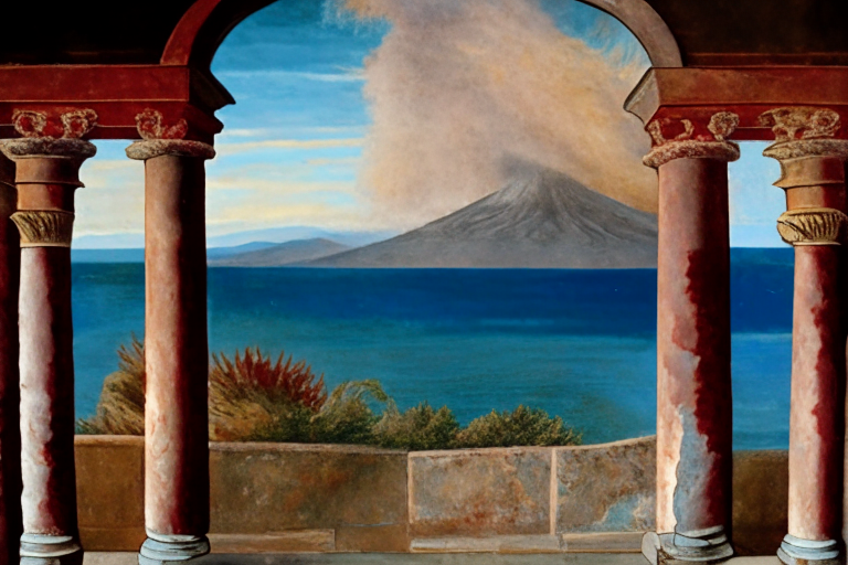 vulcano vesuvius erupting over the gulf of neaples seen from porch of columns, ancient roman house painted with pompeian frescoes, very detailed