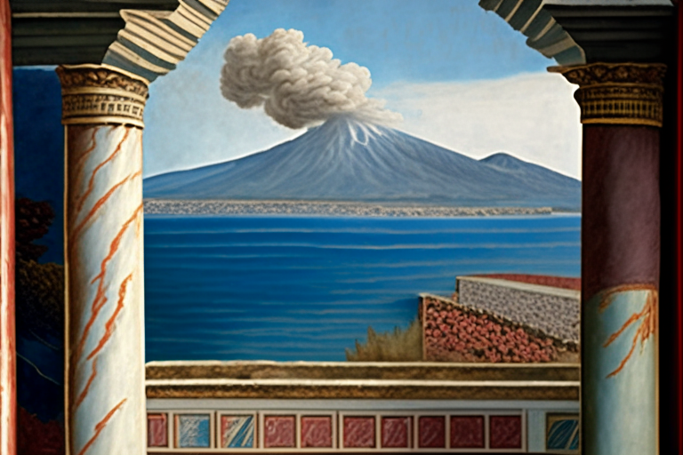 vulcano vesuvius erupting over the gulf of neaples seen from balaustrade porch of columns, ancient roman house painted with pompeian frescoes, very detailed