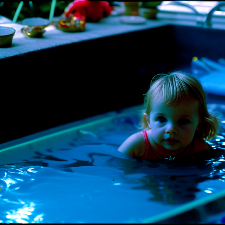 there are devils in a still pool, a cute little imp looks out of the pool

