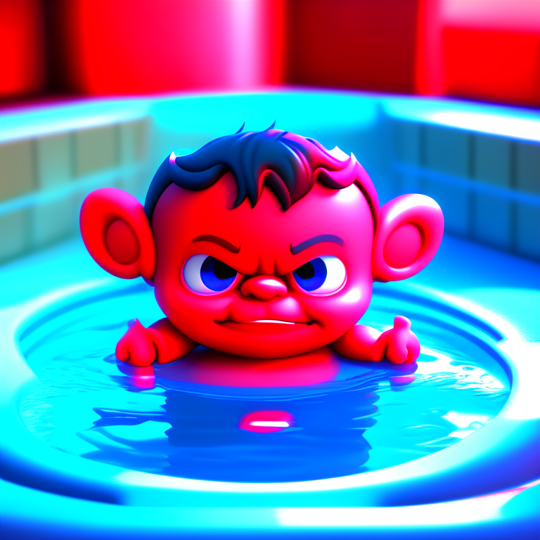 a cute little devil looks out of the pool. 3-d cartoon style. Subsurface scattering of the character's skin. Camera-DOF

