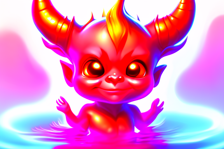 a cute little devil looks out of the pool. 3-d cartoon style. Subsurface scattering of the character's skin. Camera

