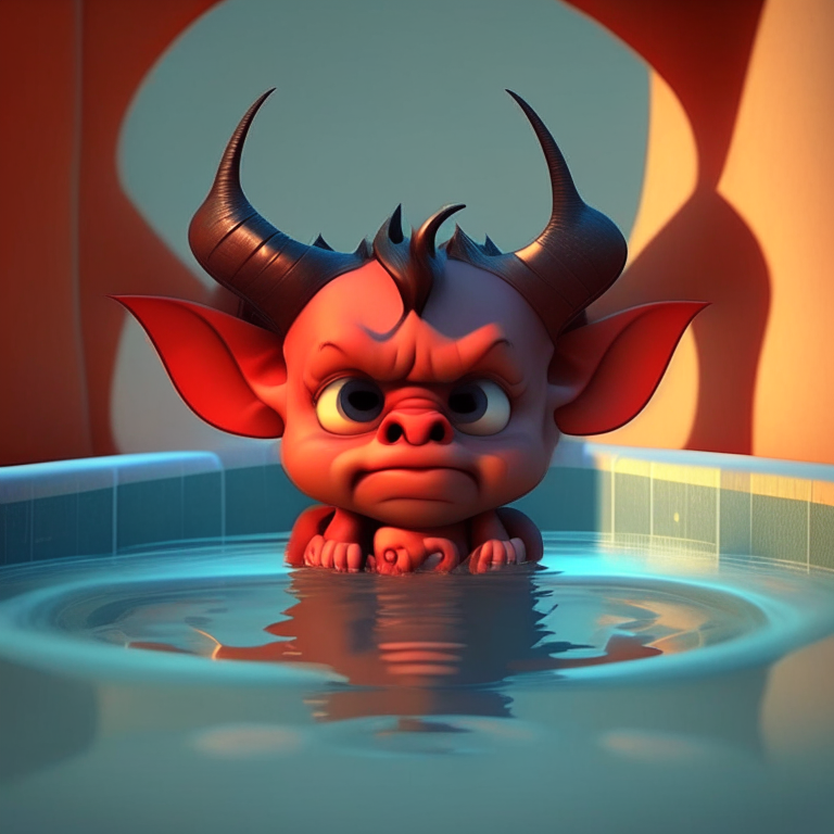 a cute little devil looks out of the pool. The devil grows horns. 3-d cartoon style. High detail. Disney styling.