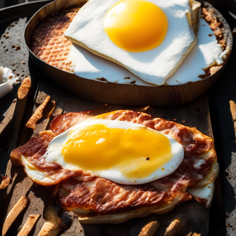 A classic bacon and eggs breakfast with crispy bacon, sunny side up eggs, and toast on an outdoor gas griddle, bright studio lighting, razor sharp focus
