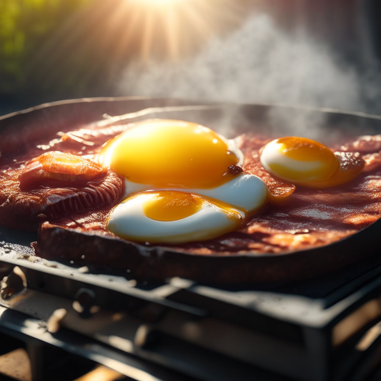 Bacon and egg breakfast on a gas griddle outside, bright warm studio lighting, extremely sharp focus