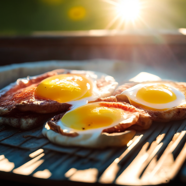 Crispy bacon and sunny side up eggs for breakfast on a griddle outdoors, soft natural window lighting, tack sharp focus