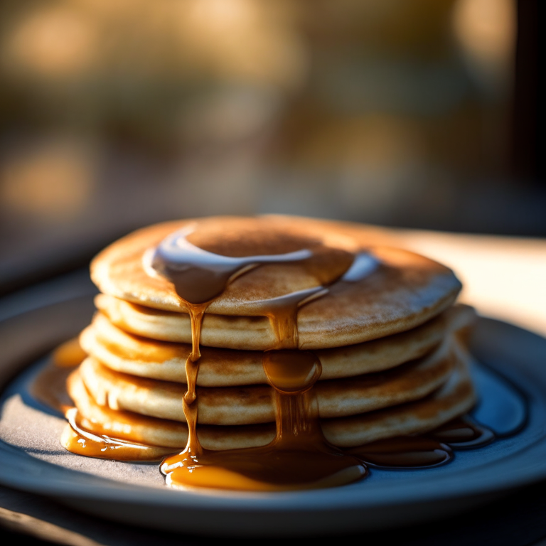 Fluffy pancakes with maple syrup on a griddle outdoors, soft natural window lighting, extremely sharp focus