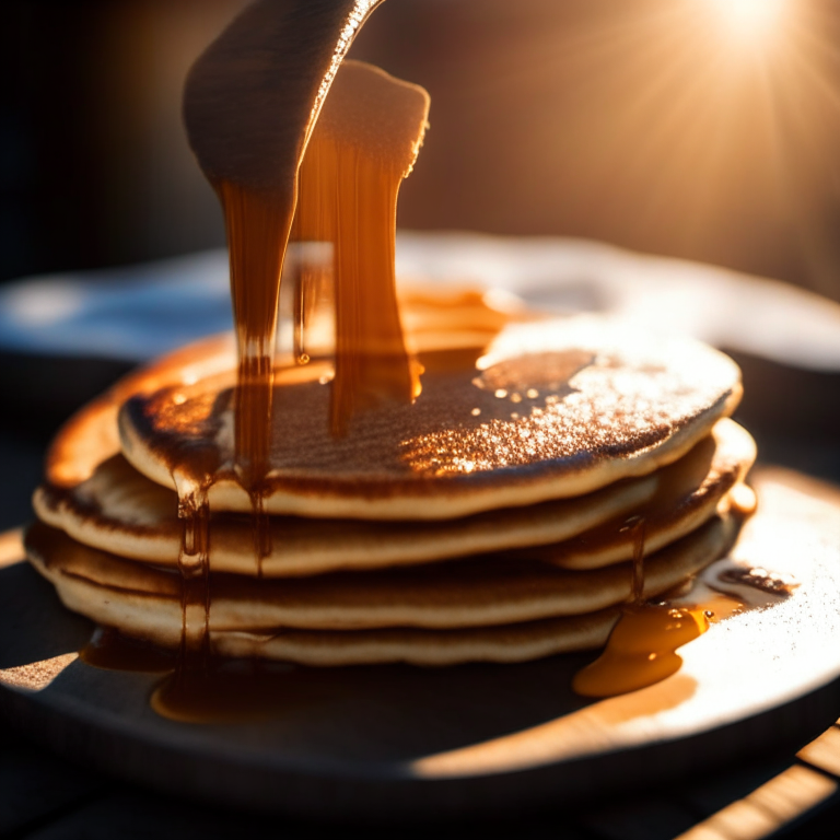 Fluffy pancakes with maple syrup on a griddle outside, daylight streaming through, razor sharp focus