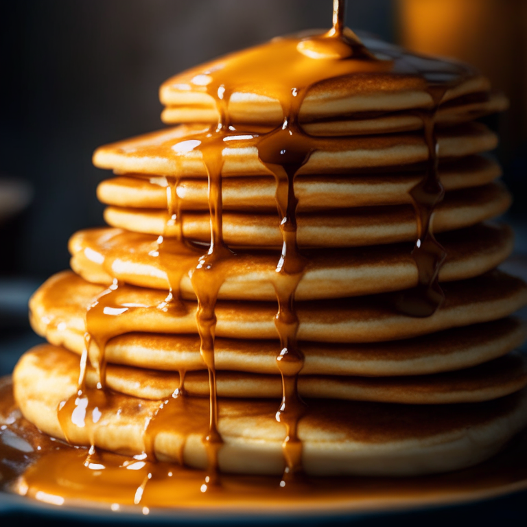 Stack of fluffy pancakes drowned in maple syrup on an outdoor gas griddle, bright warm studio lighting, tack sharp focus