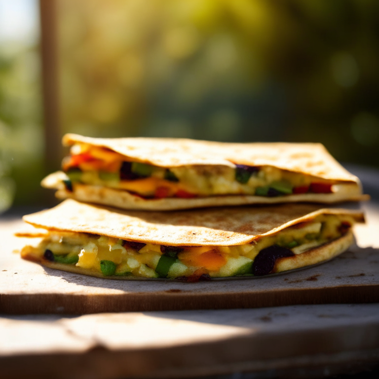 Veggie breakfast quesadillas on a griddle outdoors, soft natural window lighting, extremely sharp focus