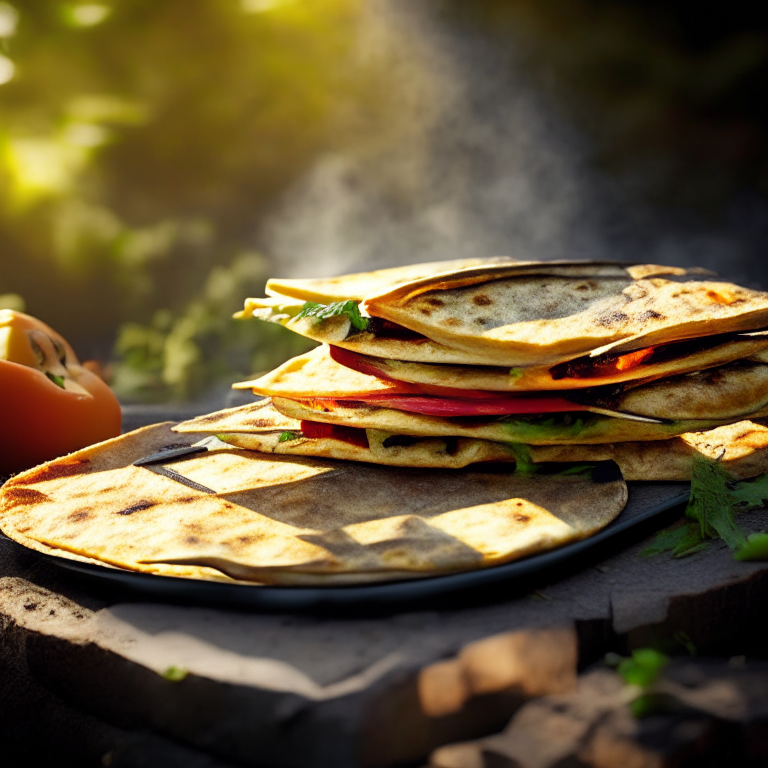 Veggie breakfast quesadillas being cooked on an outdoor gas griddle, bright warm studio lighting, tack sharp focus