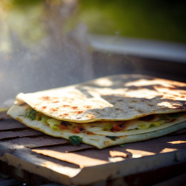 Veggie breakfast quesadillas on a griddle outside, daylight streaming through, razor sharp focus