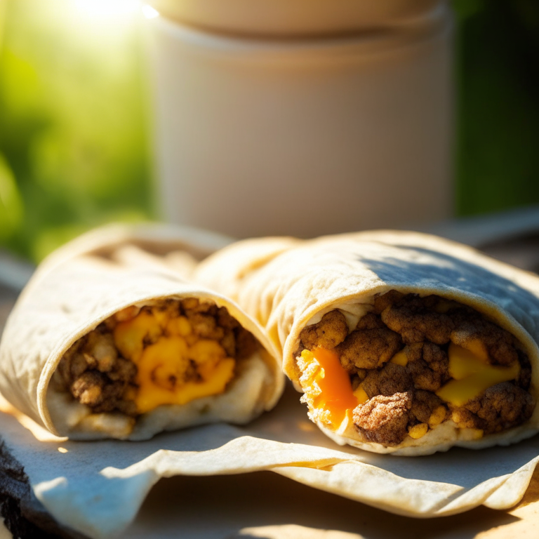 Sausage and egg breakfast burritos on a griddle outdoors, soft natural window lighting, extremely sharp focus