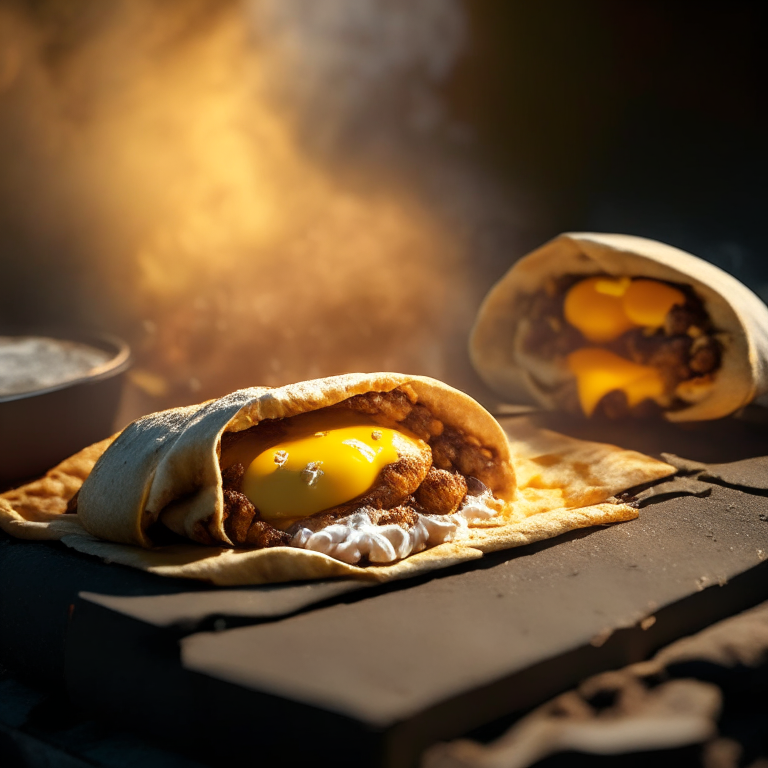 Sausage and egg breakfast burritos being cooked on an outdoor gas griddle, bright warm studio lighting, tack sharp focus