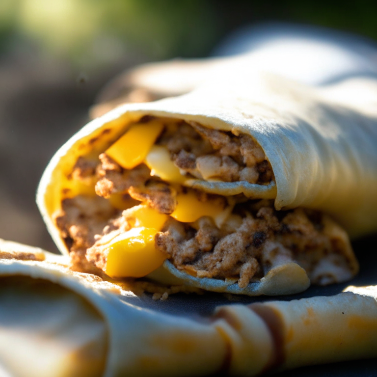 Sausage and egg breakfast burritos on a griddle outside, daylight streaming through, razor sharp focus