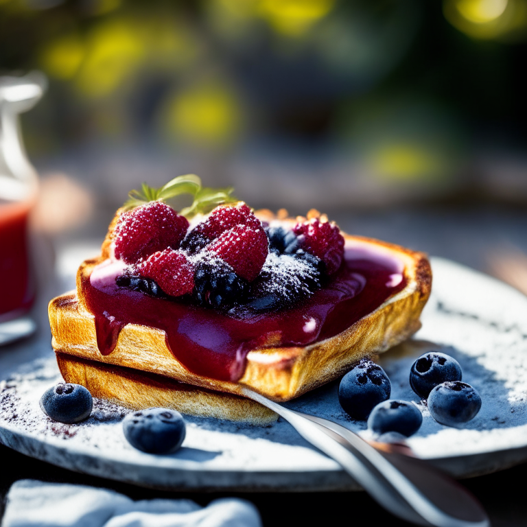 French toast with berry compote on a griddle outdoors, soft natural window lighting, extremely sharp focus