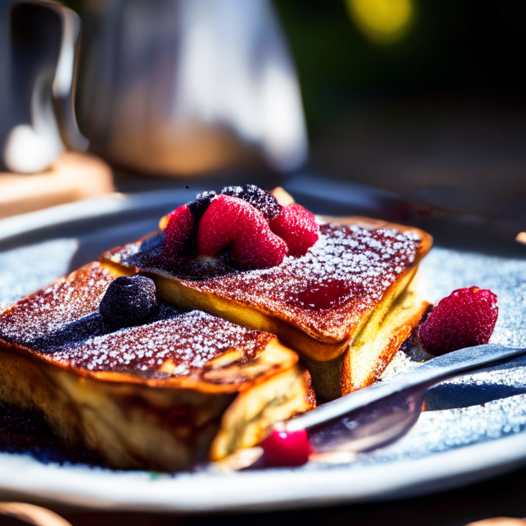 French toast with berry compote on a griddle outside, daylight streaming through, razor sharp focus