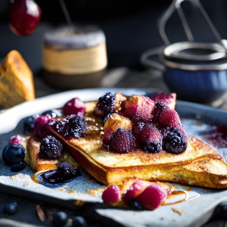 French toast with berry compote on an outdoor gas griddle, bright warm studio lighting, tack sharp focus