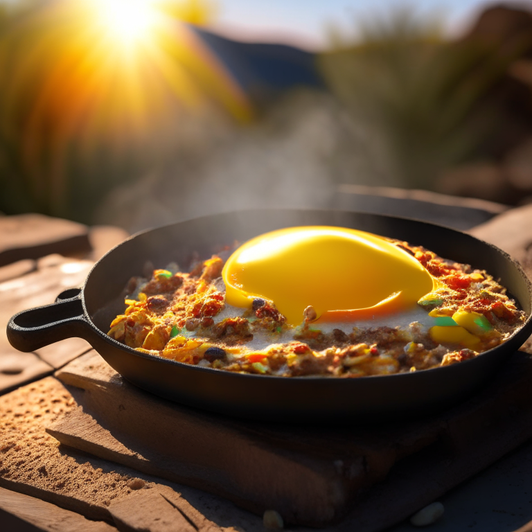 A Southwest breakfast skillet on a griddle outdoors, soft natural window lighting, extremely sharp focus, bright studio lighting, razor sharp focus, filling the frame