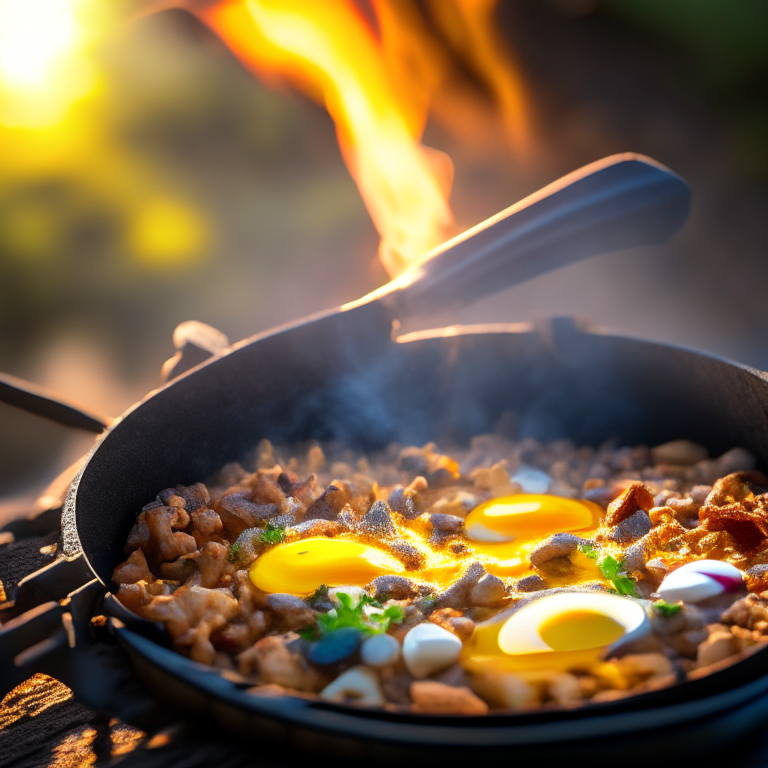 A Southwest breakfast skillet being cooked on an outdoor gas griddle, bright warm studio lighting, tack sharp focus, extremely sharp focus, filling the frame
