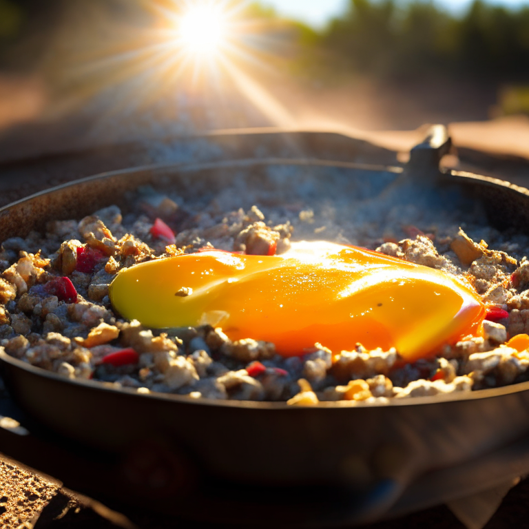 A Southwest breakfast skillet on a griddle outside, daylight streaming through, razor sharp focus, extremely sharp focus, filling the frame