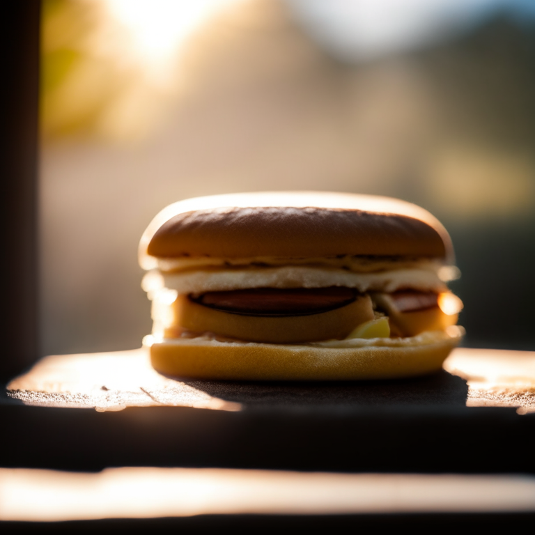 A griddle breakfast sandwich on a griddle outdoors, soft natural window lighting, extremely sharp focus, filling the frame