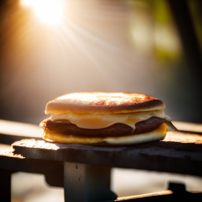 A griddle breakfast sandwich on a griddle outside, daylight streaming through, extremely sharp focus, filling the frame