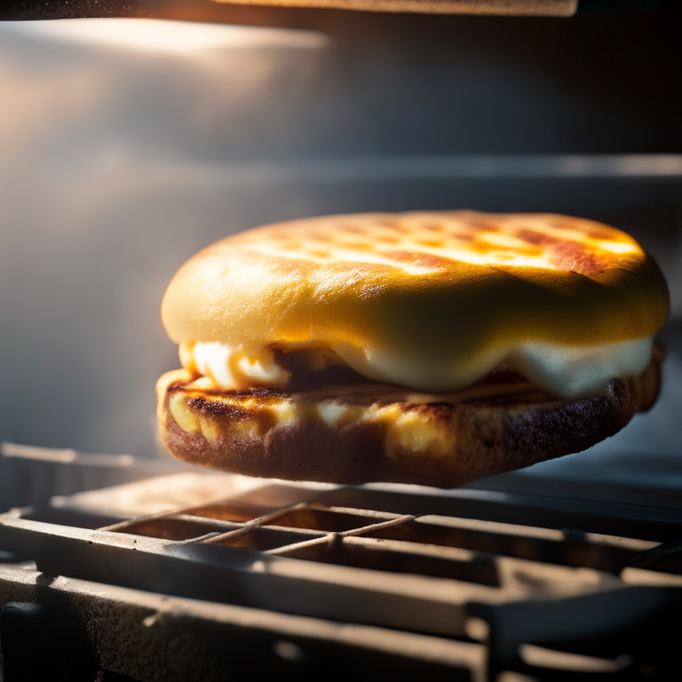 A griddle breakfast sandwich being cooked on an outdoor gas griddle, bright warm studio lighting, extremely sharp focus, filling the frame