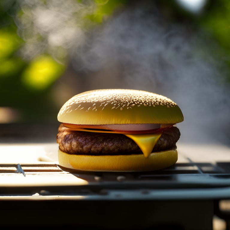 A classic cheeseburger being cooked on a griddle outdoors, soft natural window lighting, extremely sharp focus, filling the frame